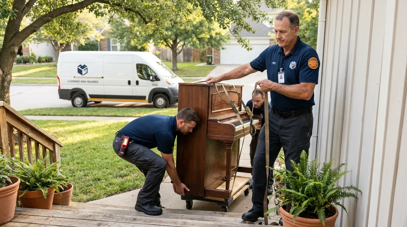 Licensed piano movers securing grand piano in Richmond, VA