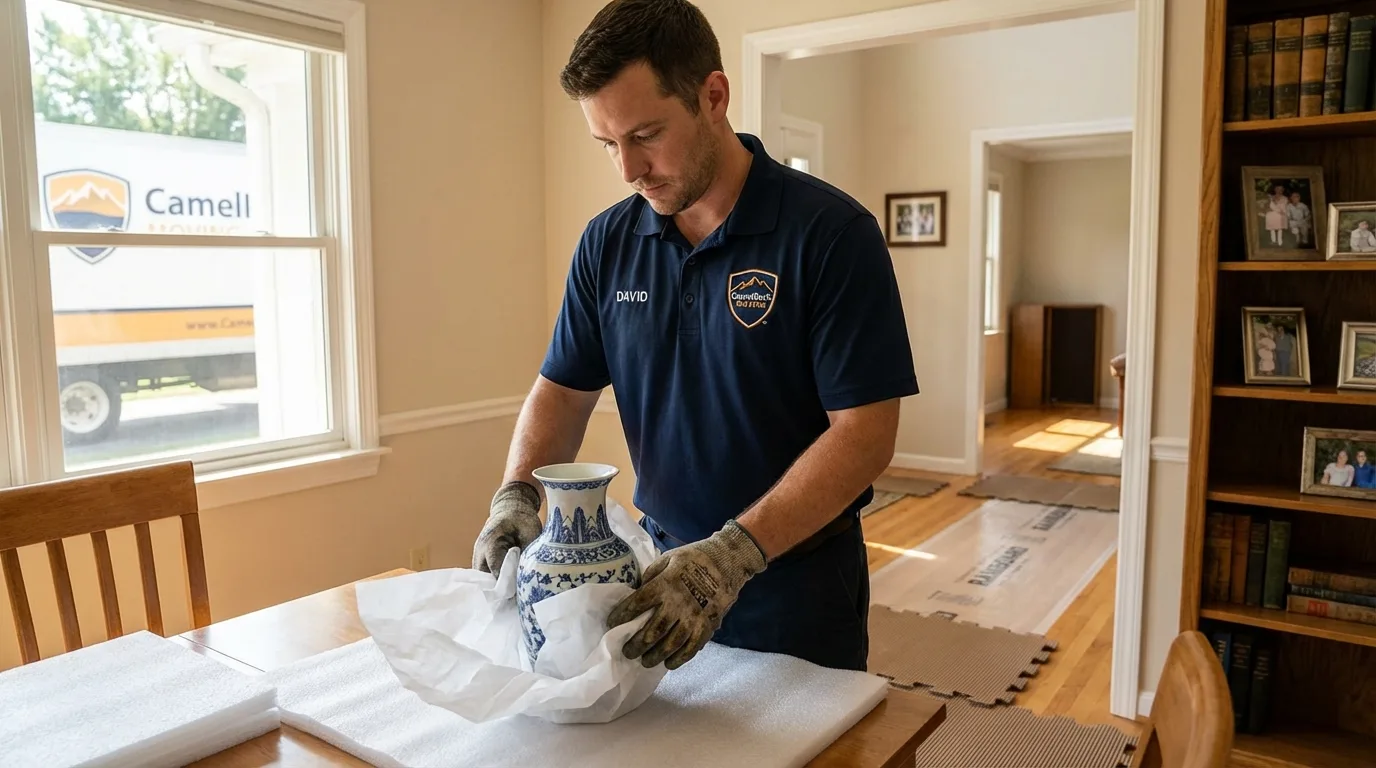 Professional crew carefully wrapping antique vase for senior downsizing move in Richmond, VA